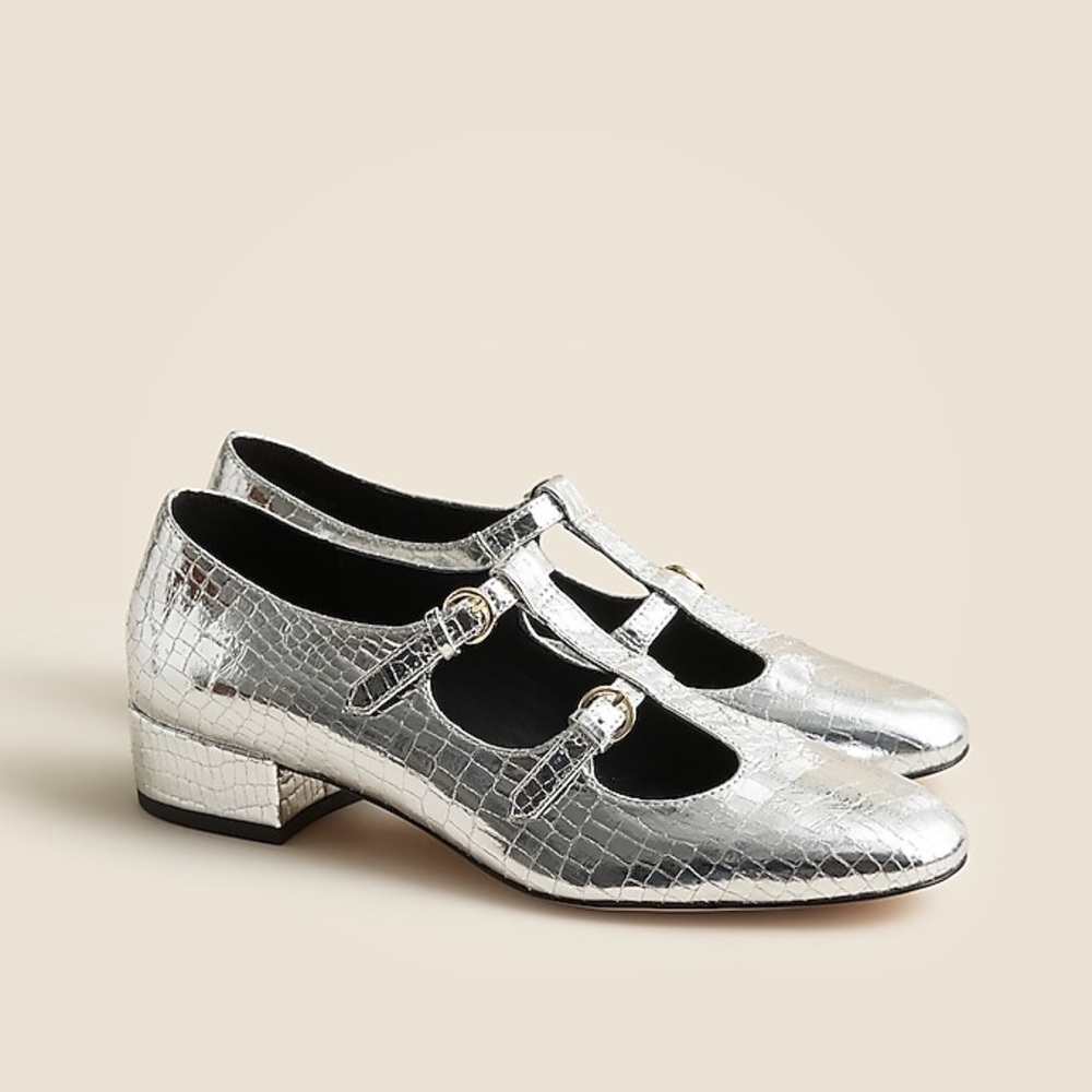 J Crew Teagan T-strap heels in metallic croc-embossed leather CE818